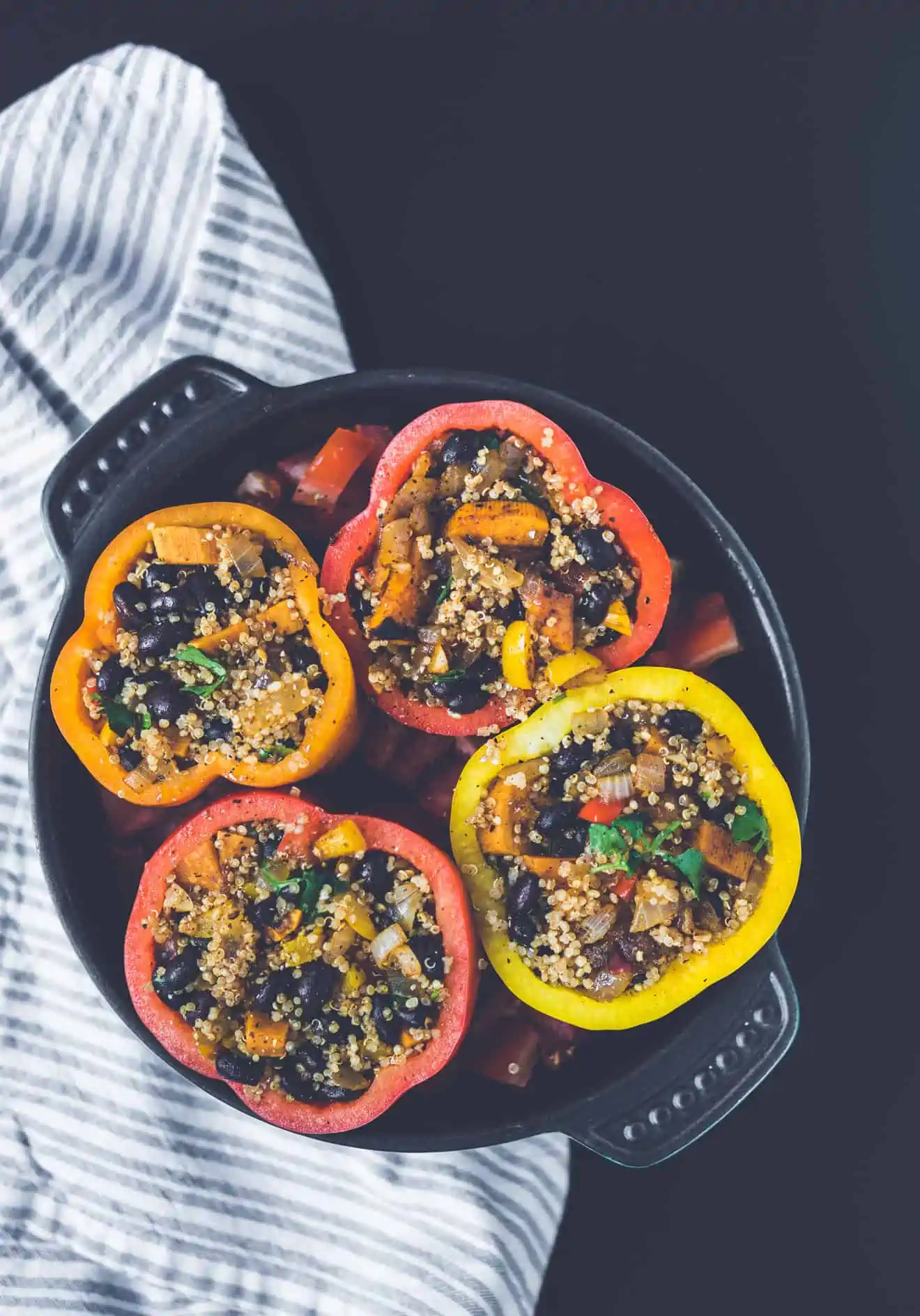 Chipotle Stuffed Peppers in a round baking dish