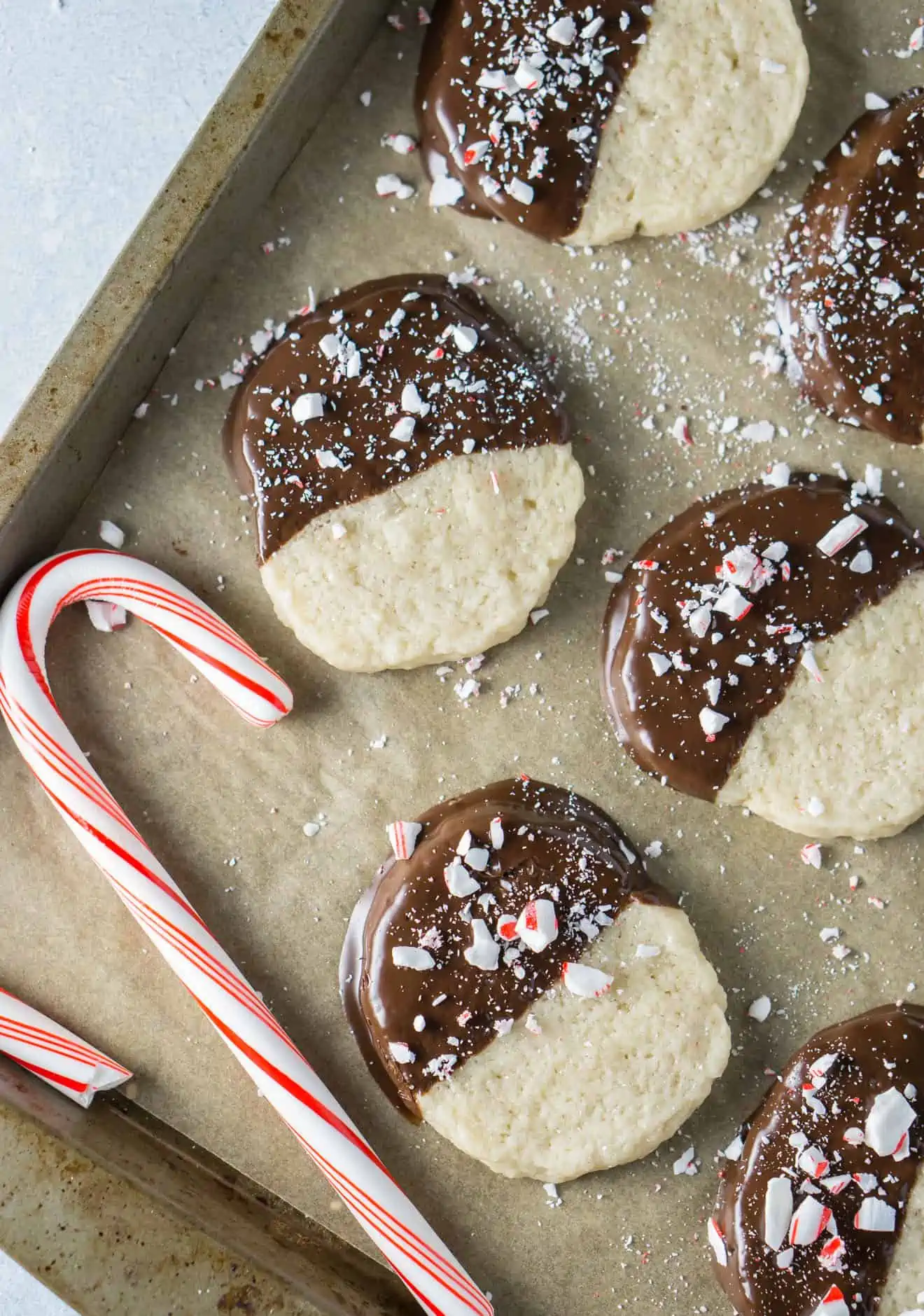 Shortbread Cookies on a baking sheet with chocolate.