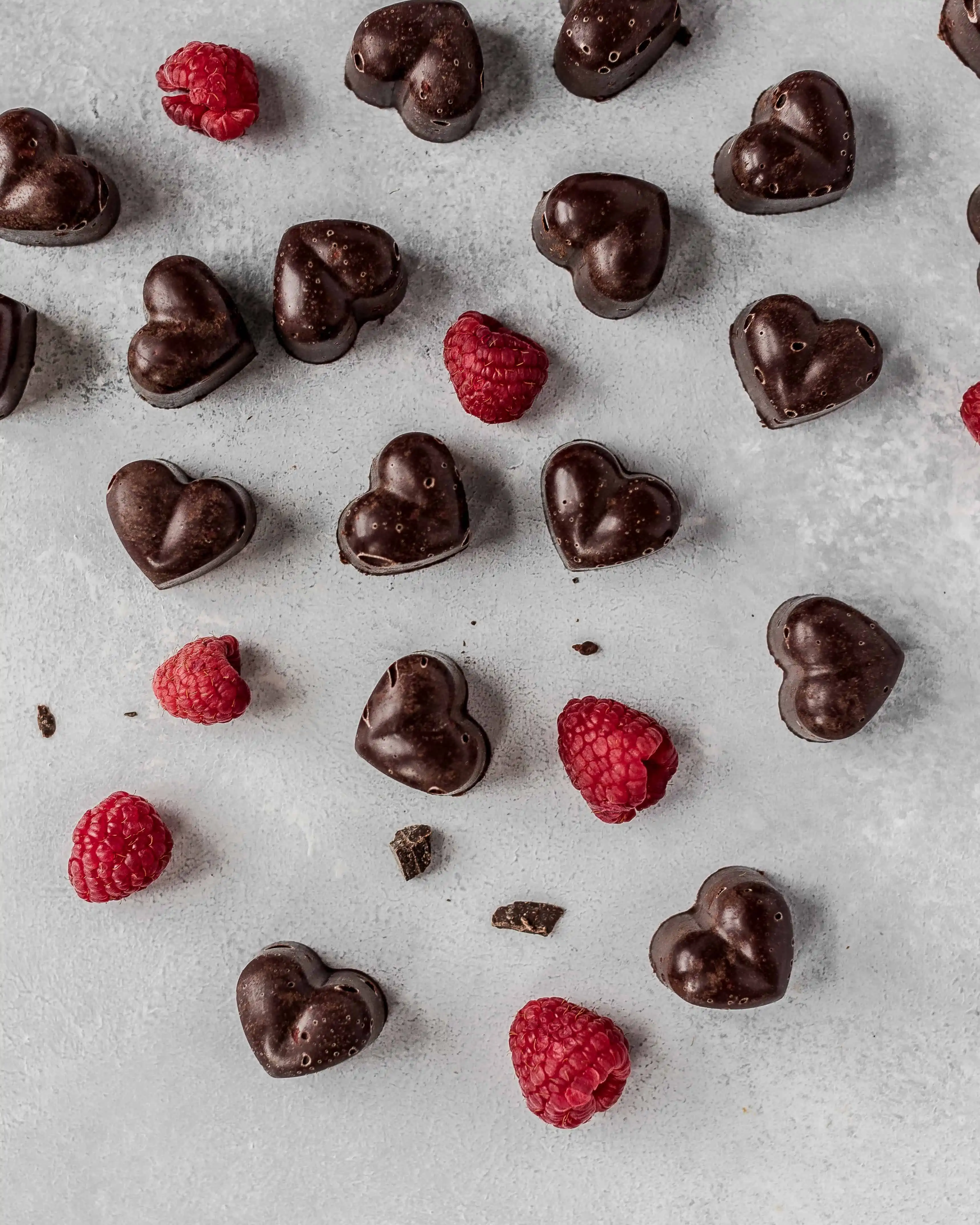 Dark Chocolate Truffle Hearts with Raspberries.