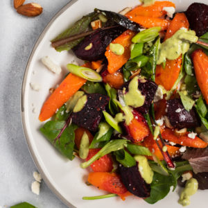 Roasted Beet & Carrot Salad with Avocado Dressing