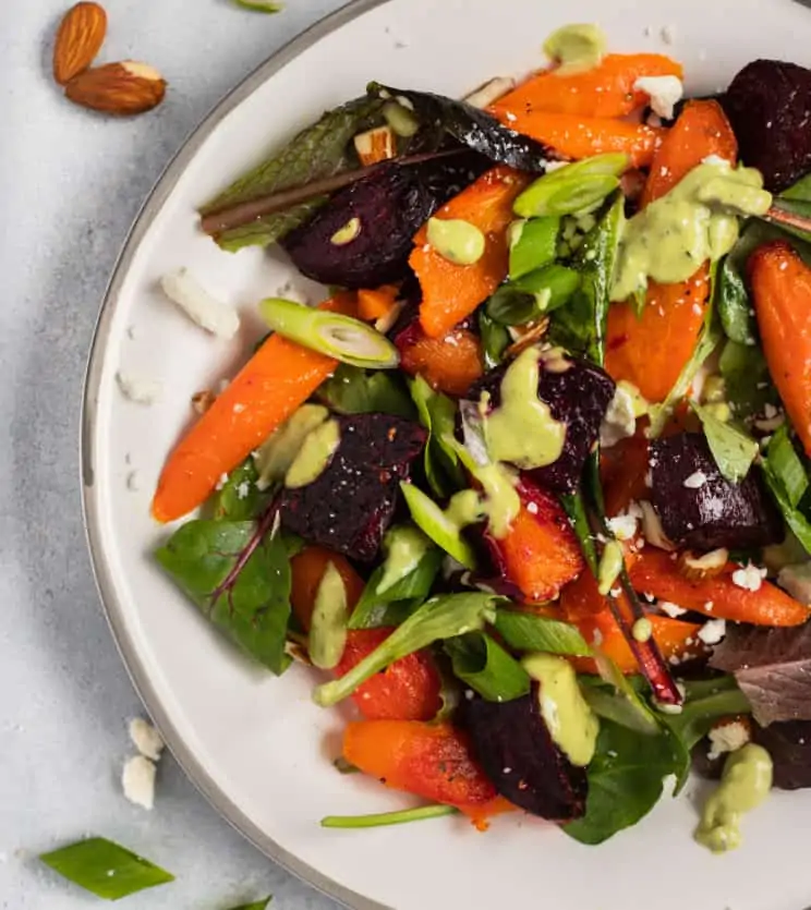 Roasted Beet & Carrot Salad with Avocado Dressing