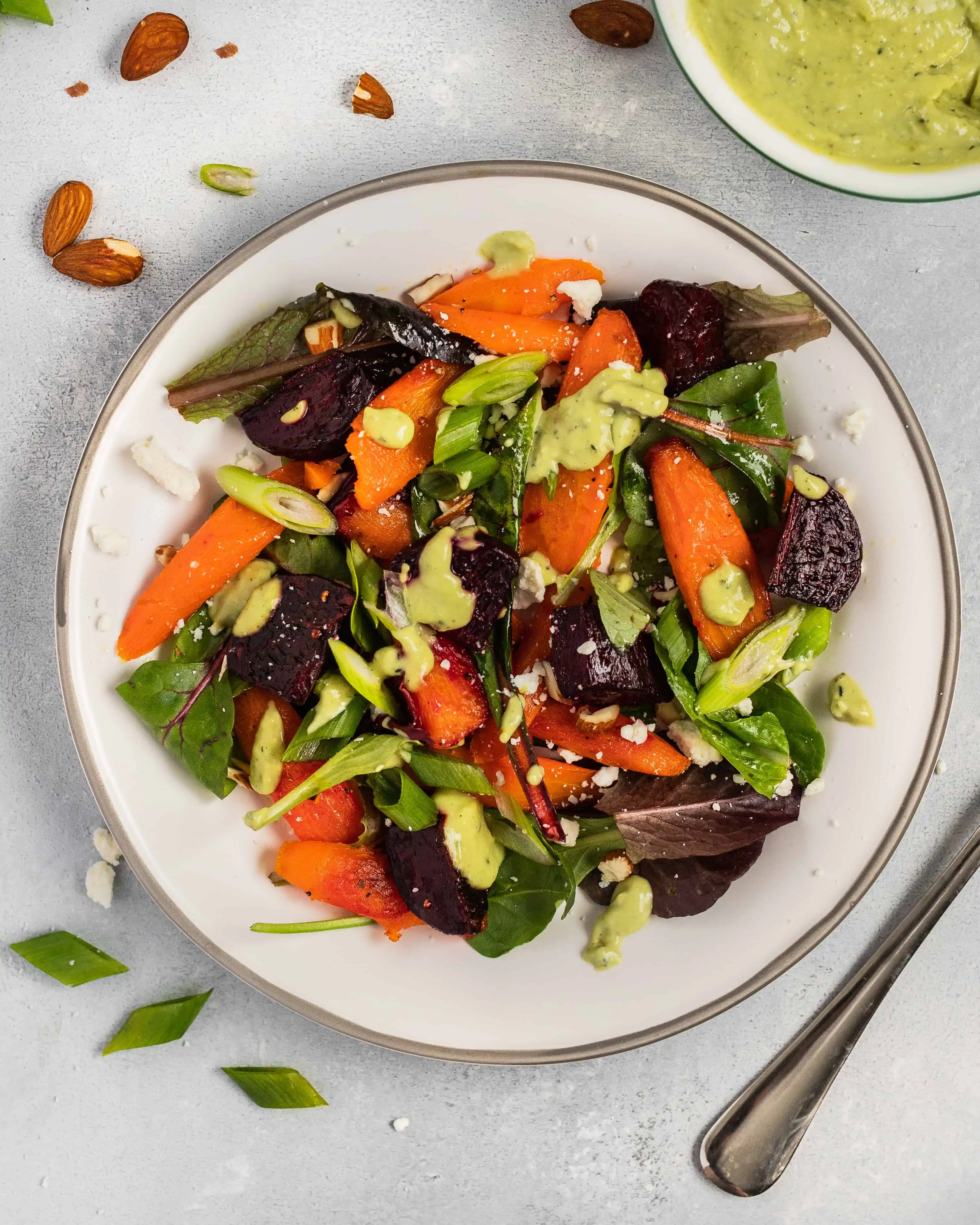 Healthy Winter Salad with Avocado Dressing and Almonds
