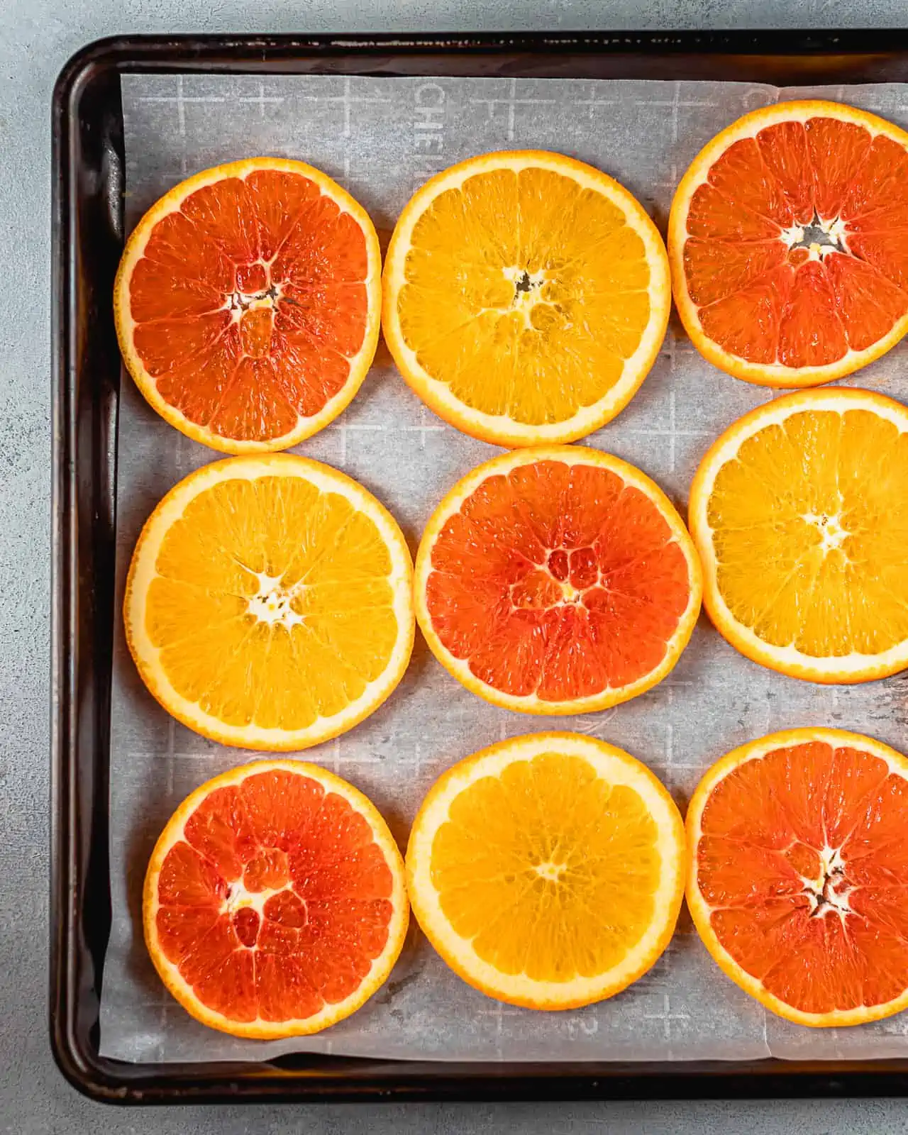 orange slices on a baking sheet.