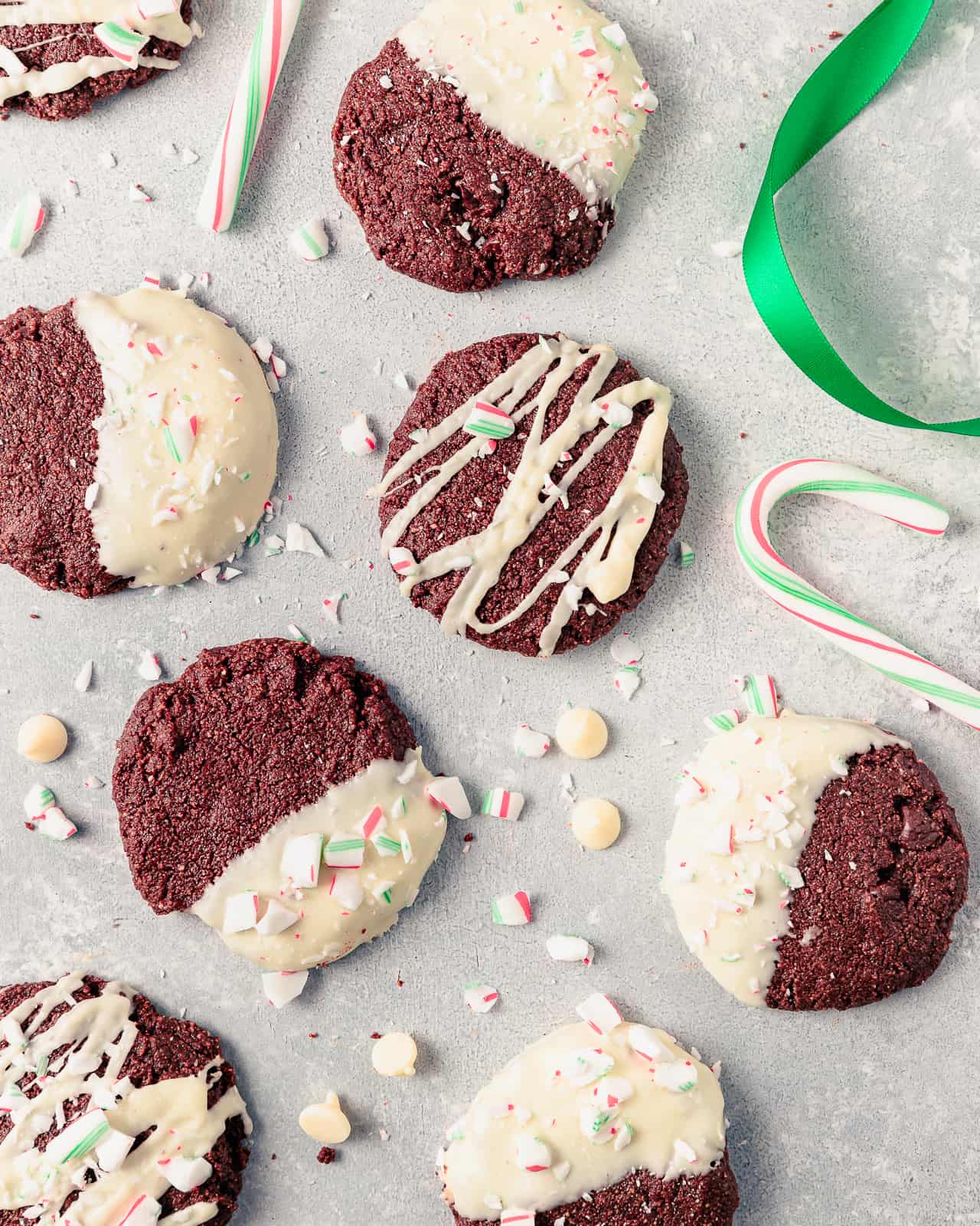 double chocolate peppermint cookies dipped in white chocolate and sprinkled with crushed peppermint candy.