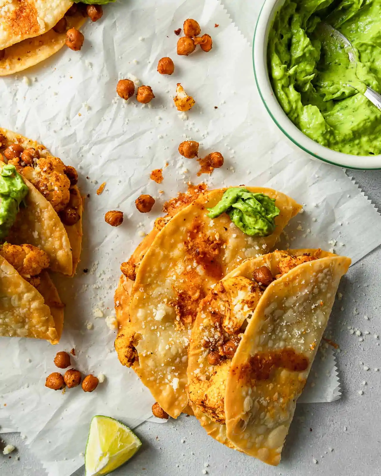Cauliflower and Chickpea Tacos with avocado and hot sauce