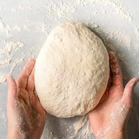 holding a cold ferment pizza dough.