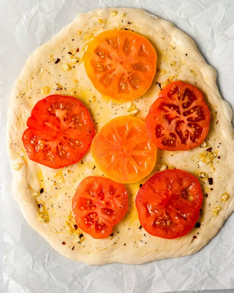 Pizza with heirloom tomatoes 