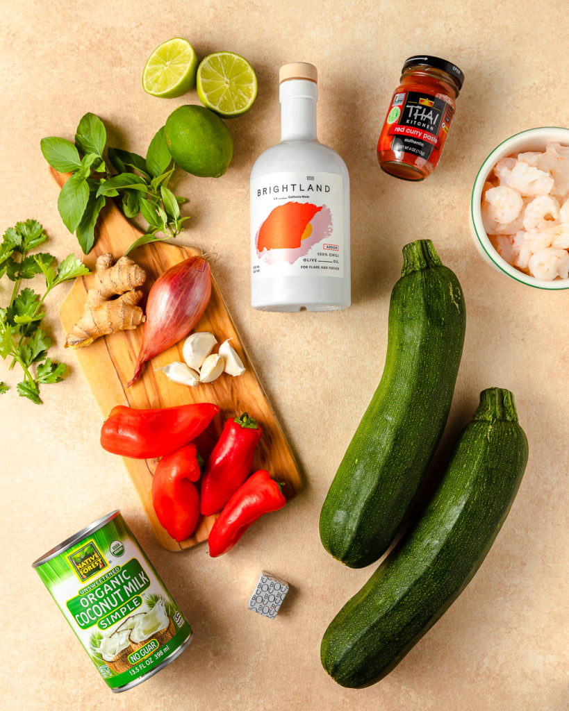 ingredients to make Thai red prawn curry noodle soup.
