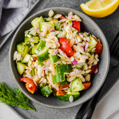 Lemon Orzo Salad with Fresh Cucumbers and Cherry Tomatoes