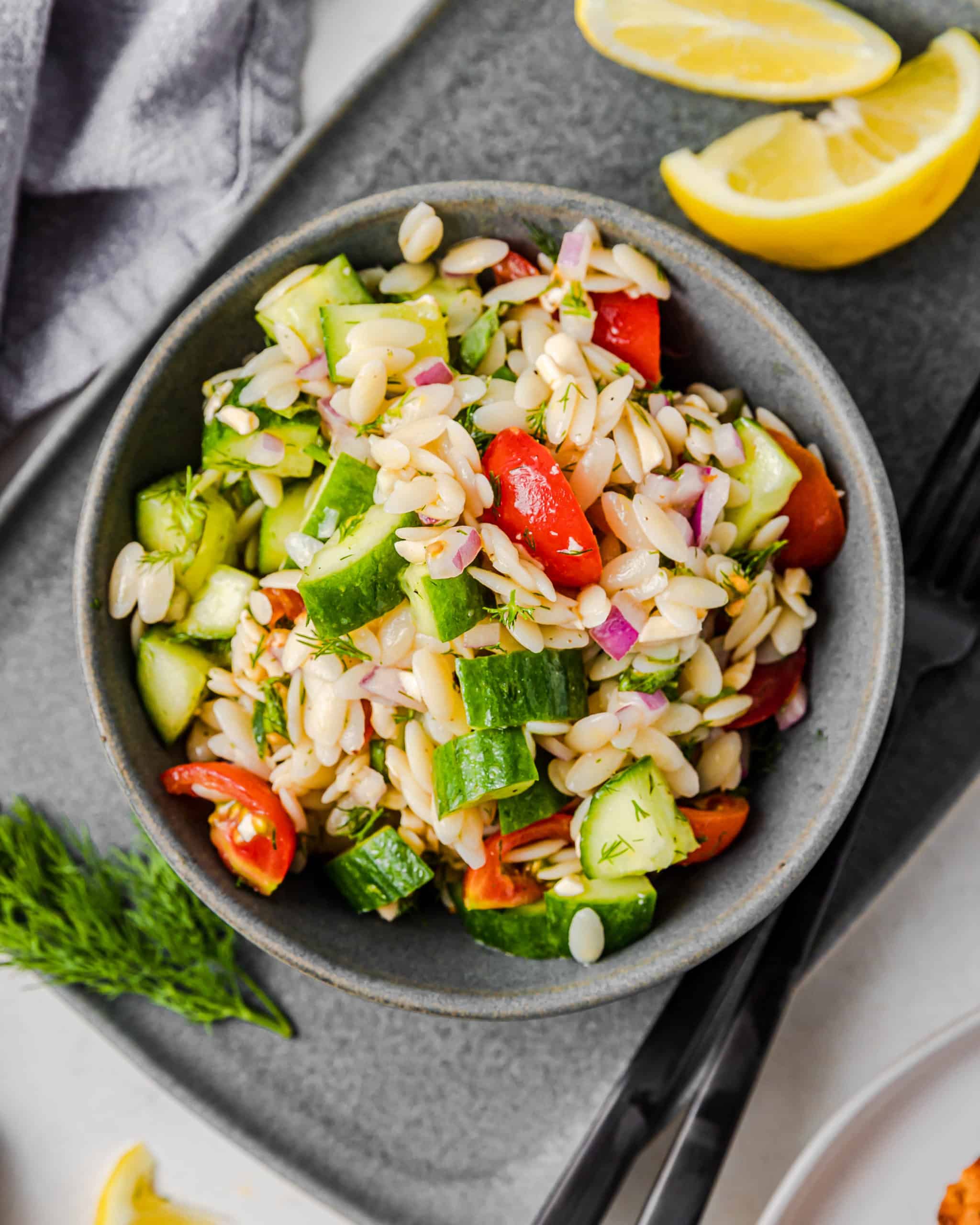 Lemon Orzo Salad with Fresh Cucumbers and Cherry Tomatoes