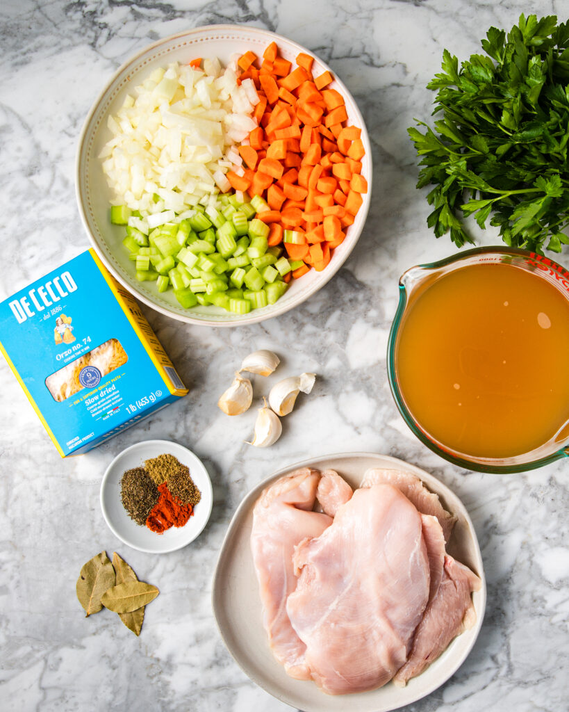 creamy orzo chicken soup ingredients.