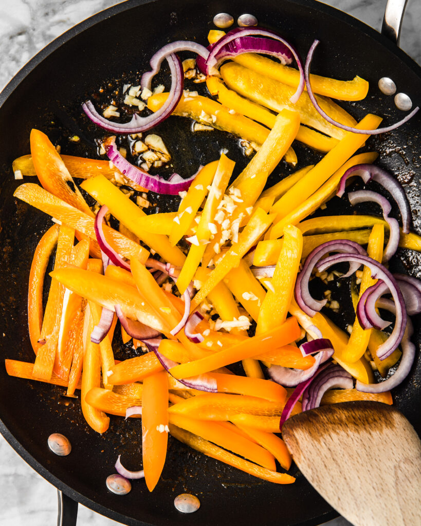 saute veggies in a pan.