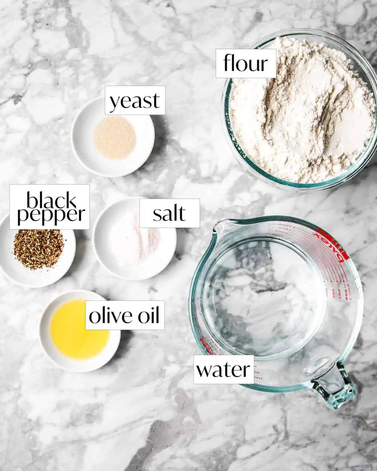 flour, yeast, water, salt, black pepper, and yeast are ingredients.