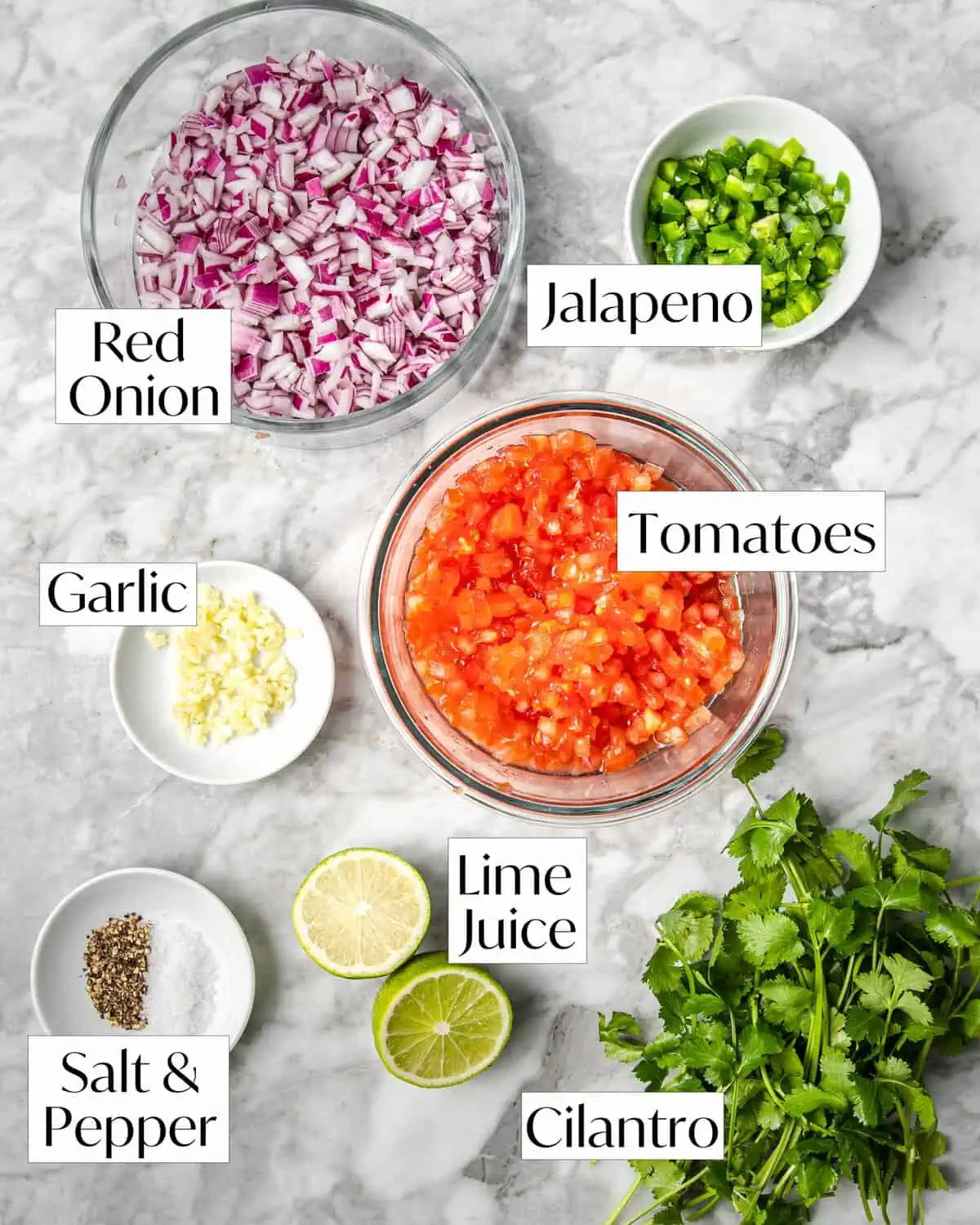 ingredients for pico de gallo laying on counter.